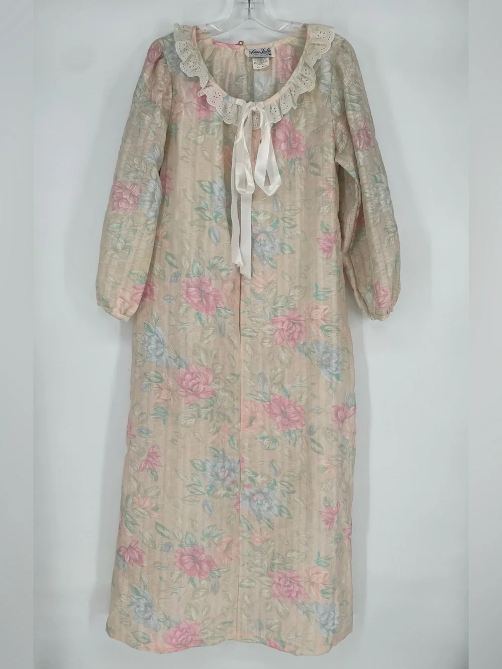 Vtg Anne Leslie Pastel Muted Floral 80s Textured Maxi House Coat PJs Zip Front - Picture 1 of 16